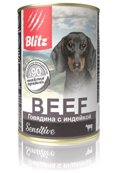 Консервы для собак BLITZ Говядина с Индейкой для собак 24 шт по 400 г