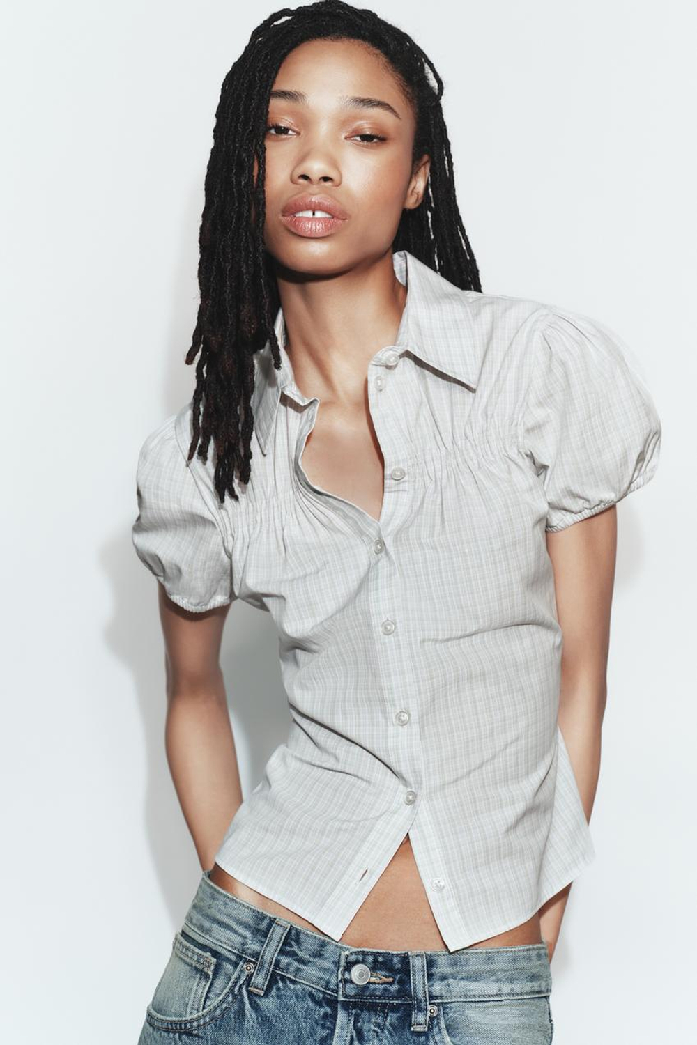 ZARA РУБАШКА ИЗ ПОПЛИНА В КЛЕТКУ, ЗЕЛЕНЫЙ/ЭКРЮ