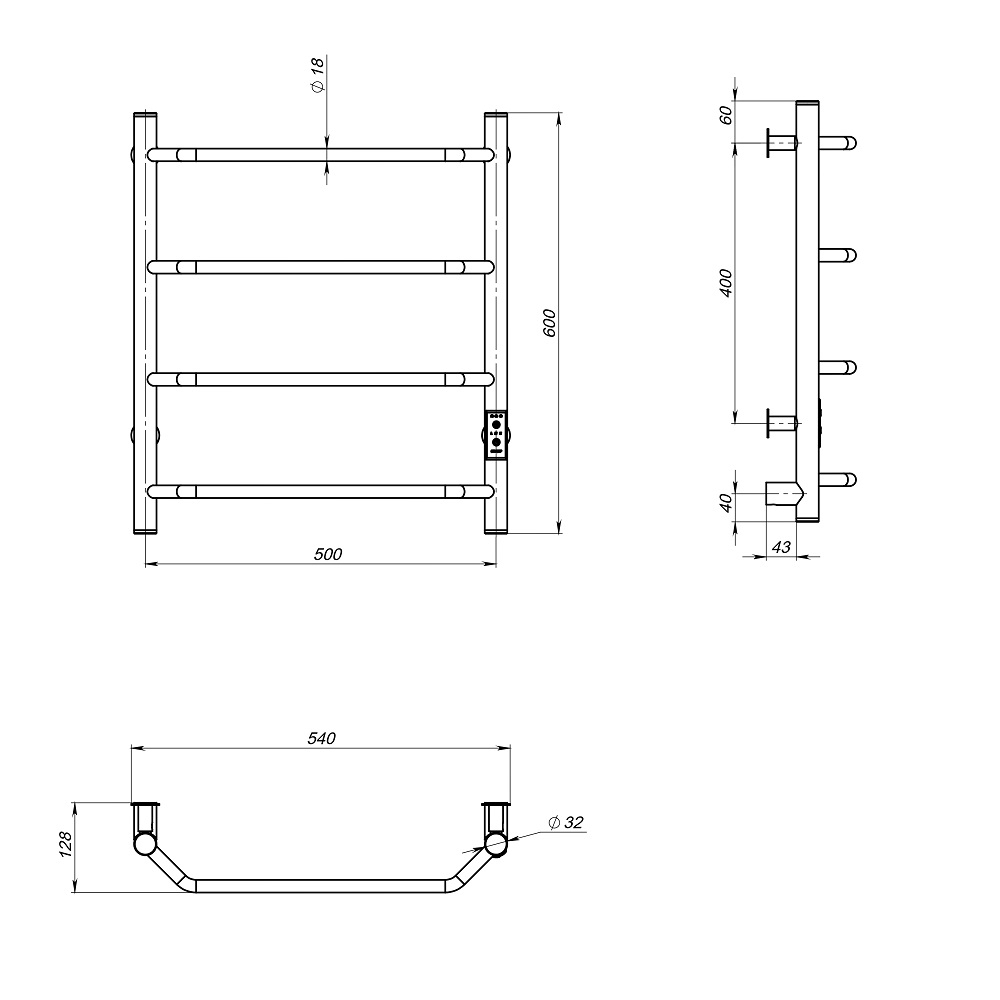 Полотенцесушитель MIXLINE MIRA  60х50 (таймер, 201 Вт, 4 перекладины) электрический ГРАФИТ