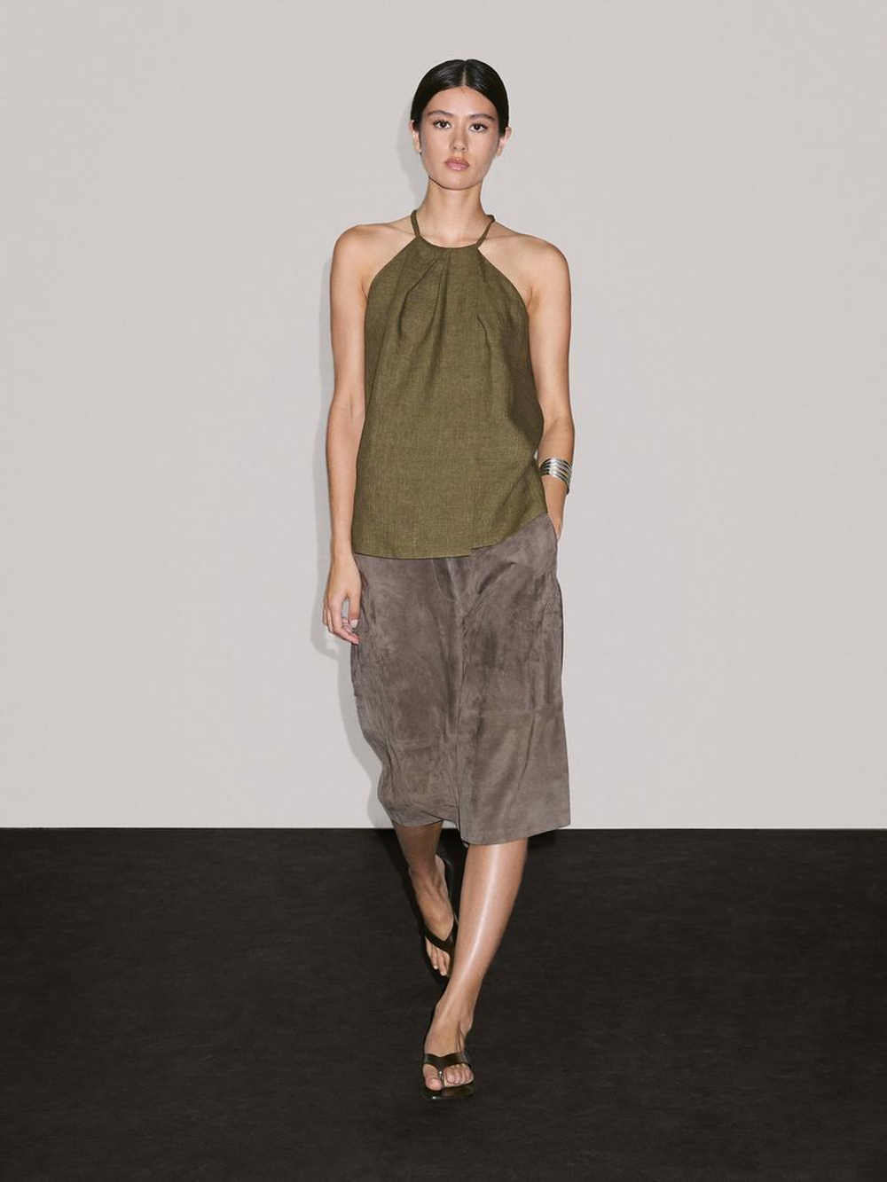 Massimo Dutti Топ внахлест из 100% льна с горловиной халтер, зеленый