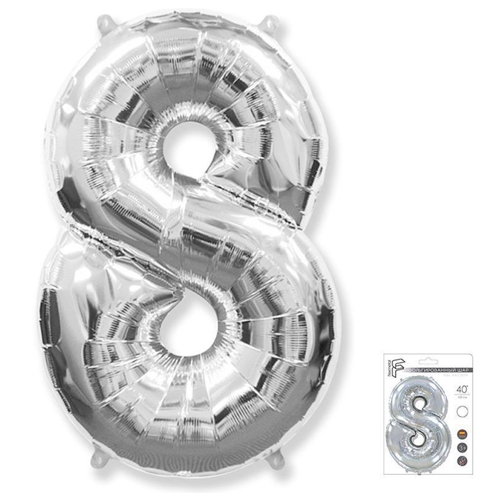 Шар (40"/102 см) Цифра "8" Серебро в упаковке / Eight