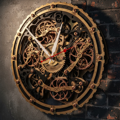 Настенные часы Automaton Bite 1682 Circle «Чёрное золото» — стимпанк-декор ручной работы с вращающимися шестерёнками