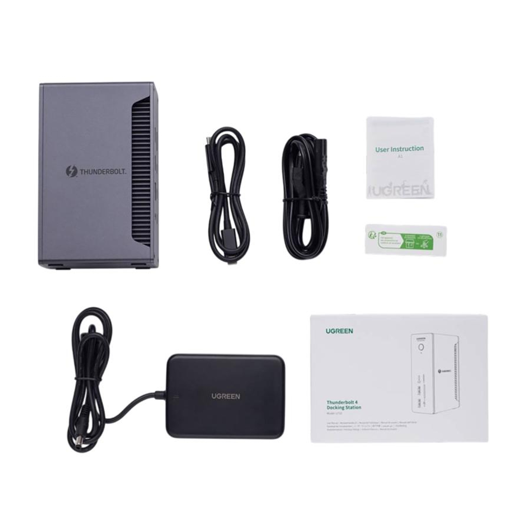 Thunderbolt-Хаб Ugreen Revodok Max Thunderbolt 4 с внешним питанием (U710) Подключение: съёмный кабель Thunderbolt 4 (0,8 м), DC (180 Вт). Порты: 2 Thunderbolt 4, USB-C 3.2 Gen 2 (PD 20 Вт), 2 USB-A 3.2 Gen 2, 2 USB-A 3.2 Gen 1, microSD UHS-II (4.0), SD U