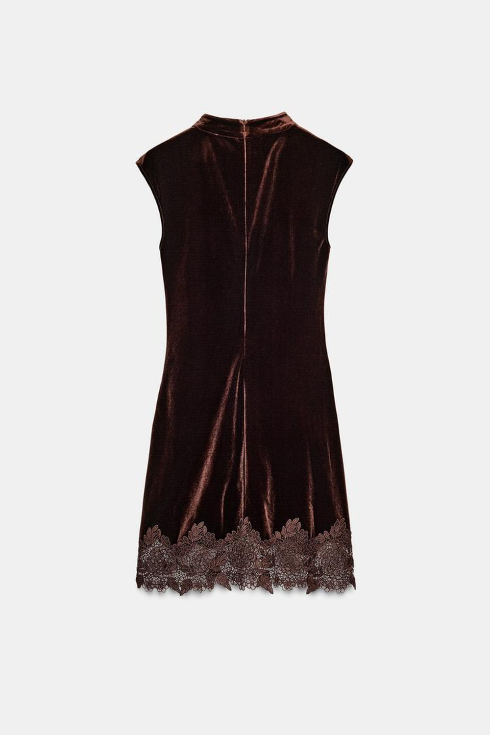 ZARA БАРХАТНОЕ ПЛАТЬЕ С КРУЖЕВОМ, ТЕМНО-КОРИЧНЕВЫЙ