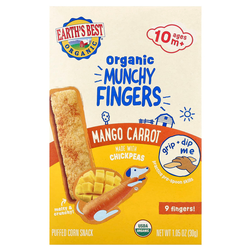Earth's Best, Organic Munchy Fingers, кукурузный снек, для детей от 10 месяцев, манго и морковь, 30 г (1,05 унции)