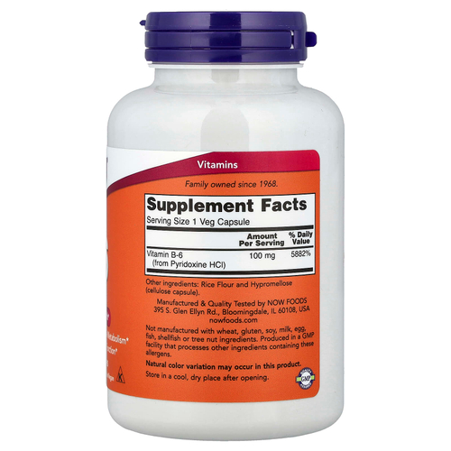 NOW Foods, витамин В6, 100 мг, 250 вегетарианских капсул