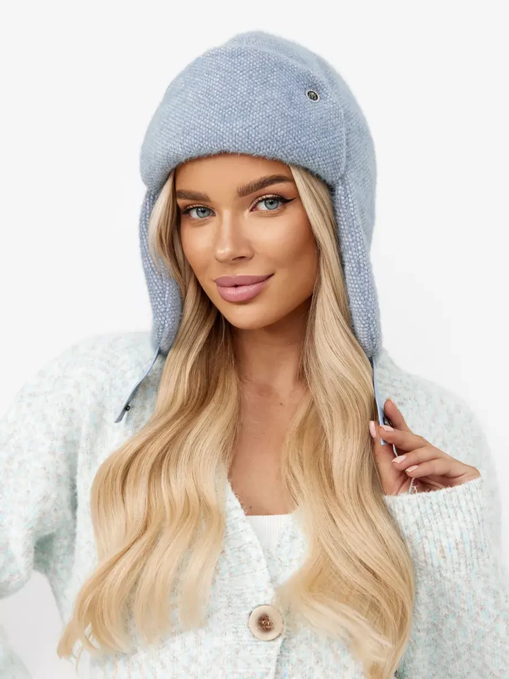 Шапка ушанка зимняя вязаная на флисе