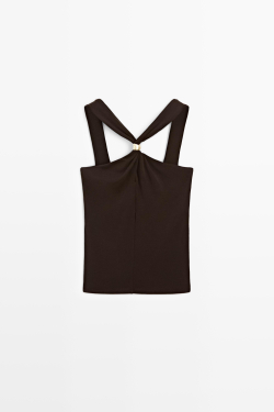 Massimo Dutti Топ с горловиной халтер и бретелями со стразами, коричневый