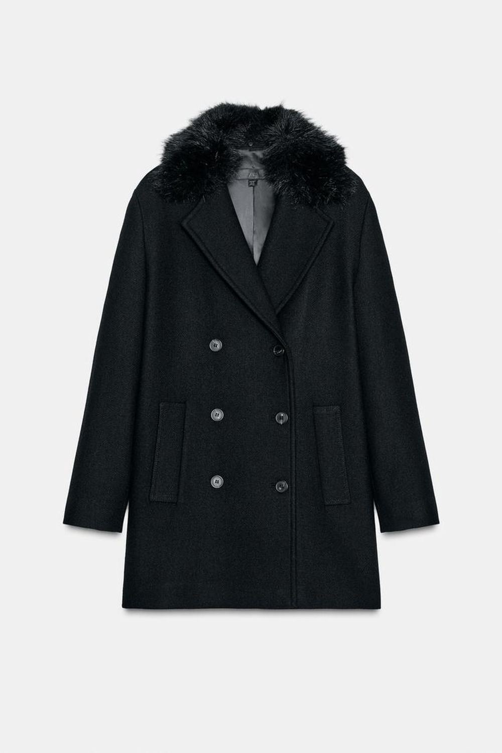 ZARA УКОРОЧЕННОЕ ПАЛЬТО ИЗ ШЕРСТИ С ЛАЦКАНАМИ ИЗ ИСКУССТВЕННОГО МЕХА, ЧЕРНЫЙ