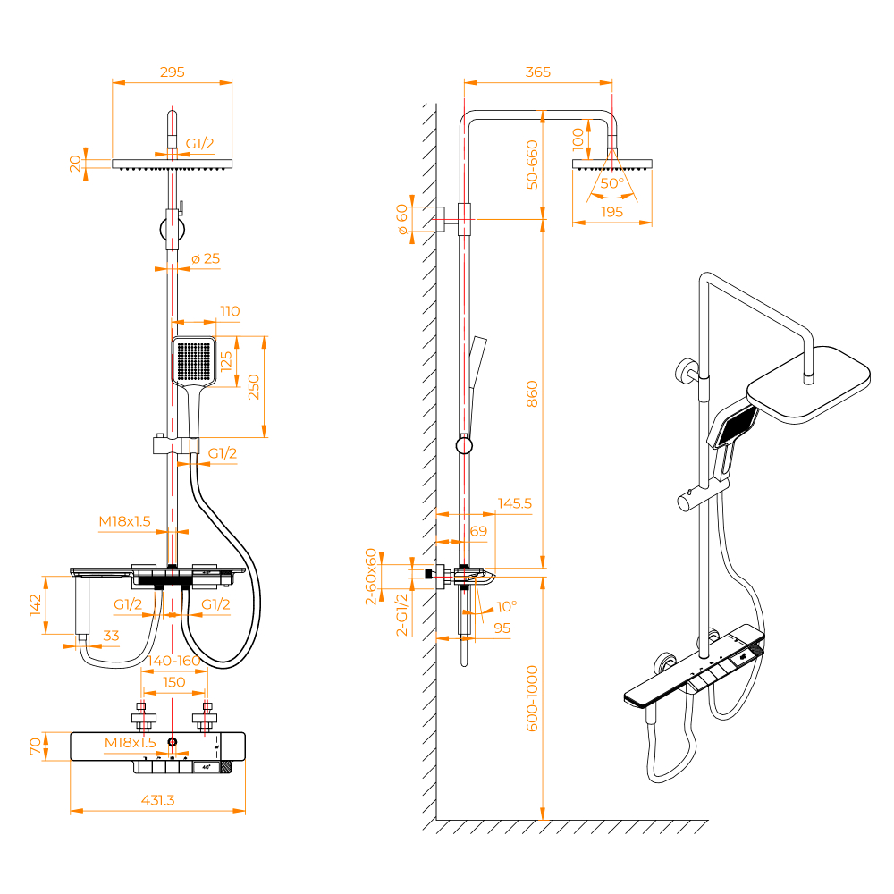 Душевая стойка, клавиши переключение воды , полка, термостат - RGW SP-35W белая
