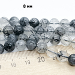 Кварц с шерлом, диаметр 8-8,2 мм, цена за 12 шт (1/4 нити)