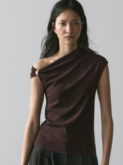 Massimo Dutti Топ асимметричного кроя с деталью «Брошь», коричневый