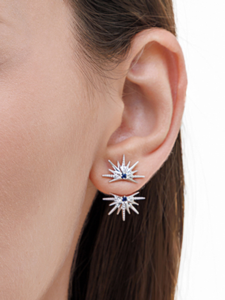 Серьги-джекеты из серебра со вставками из выращенных турмалина параиба и бриллианта