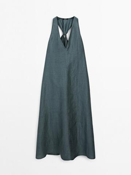 Massimo Dutti Платье из смесового льна с деталью сзади, зеленый