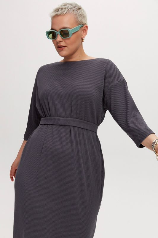 Платье трикотажное, в рубчик, графит