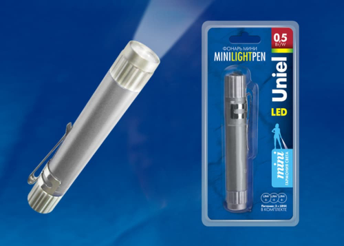 S-LD013-CB Silver Фонарь Uniel серии Стандарт «Mini light pen», алюминиевый корпус, 0,5 Watt LED, упаковка — кламшелл, 3хLR44 в/к, цвет — серебро