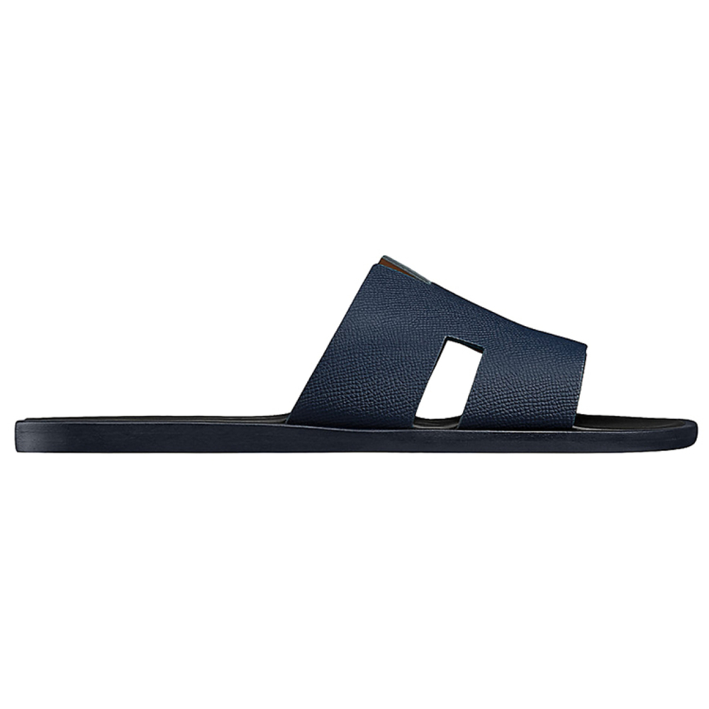 Hermes Izmere first layer cowhide flat-bottomed comfortable fashion sandals men's dark blue, H152415Z HI2