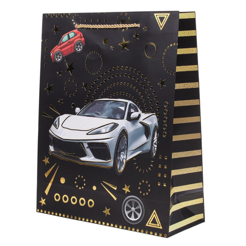 Пакет подарочный "Supercars"26*32*10см, тисн.золот, ручки-шнурок,4 диз.микс