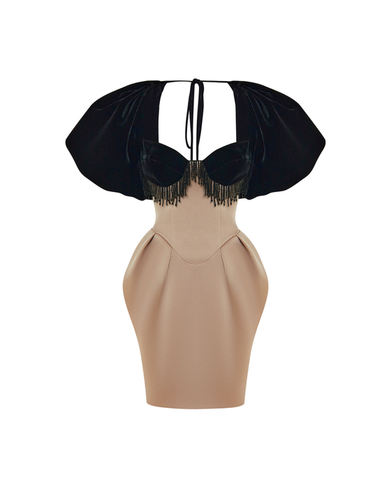 Платье мини из бархата и сатина с объемными рукавами