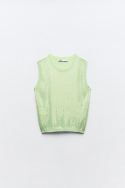 ZARA ТРИКОТАЖНЫЙ ТОП С ПАЙЕТКАМИ БЕЗ РУКАВОВ, СВЕТЛО-ЗЕЛЕНЫЙ