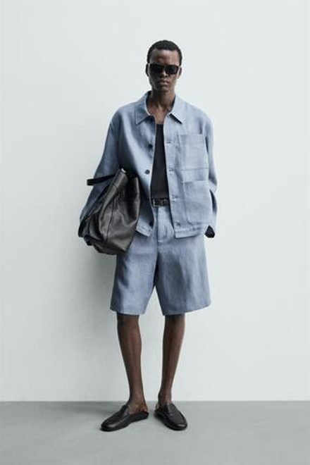 ZARA ШОРТЫ RELAXED FIT ИЗ 100% ЛЬНА, ЛИНЯЛЫЙ СИНИЙ