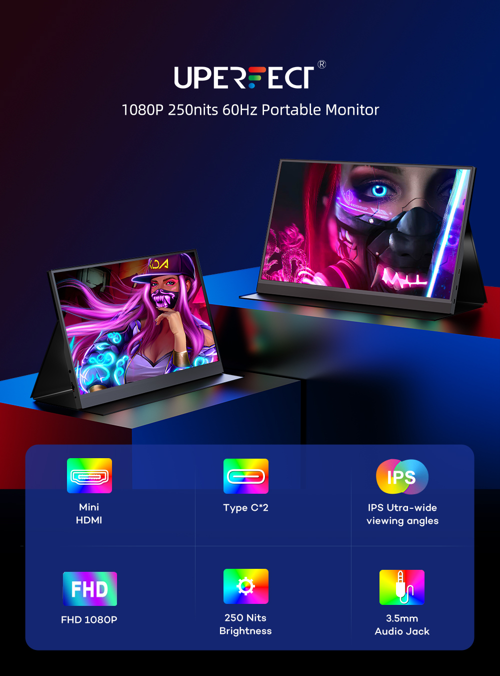 15.6" Портативный монитор с магнитным чехлом Usetup R01 FHD IPS 1920x1080, 60 Гц