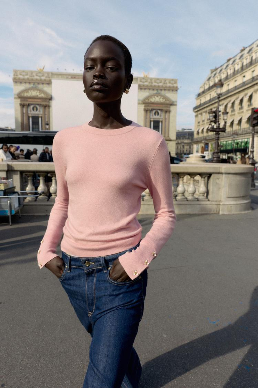 ZARA СВИТЕР С ЦВЕТОЧНЫМИ ПУГОВИЦАМИ, МЯГКИЙ РОЗОВЫЙ