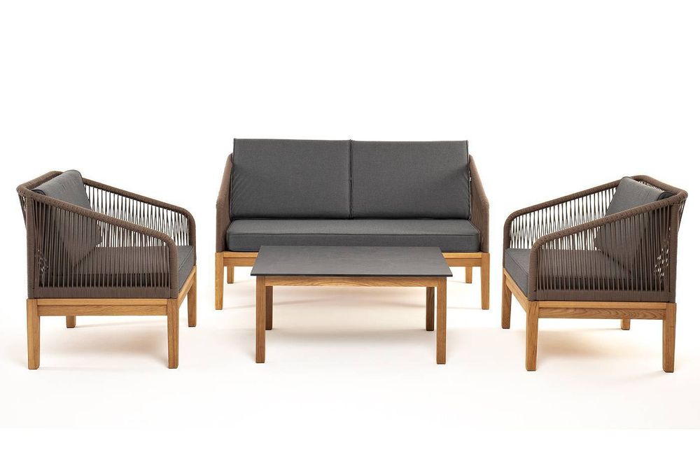 "Канны" лаунж-зона 4-местная из роупа со столиком "Канны" (серый гранит), основание дуб, роуп коричневый