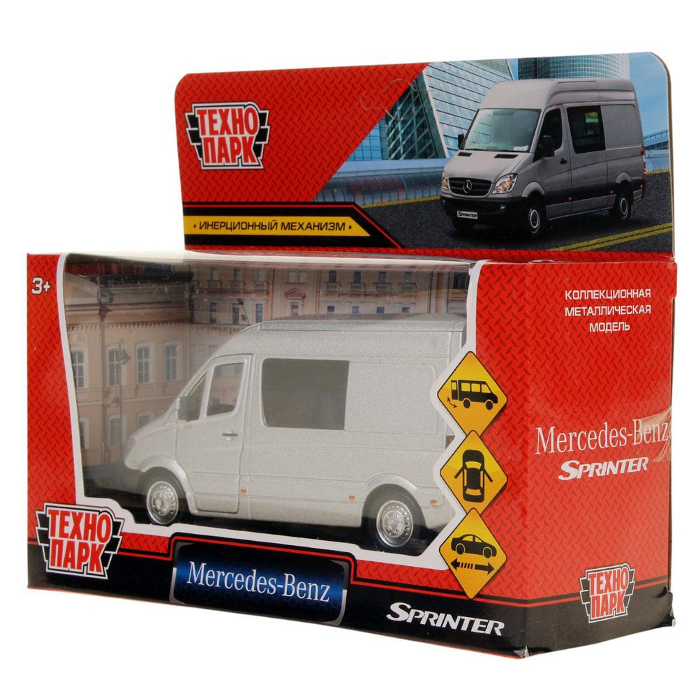 Модель ин. мет. "Mercedes-Benz Sprinter" 14см, двери, серебристый, коробка SPRINTERVAN-14-SR(Технопарк)