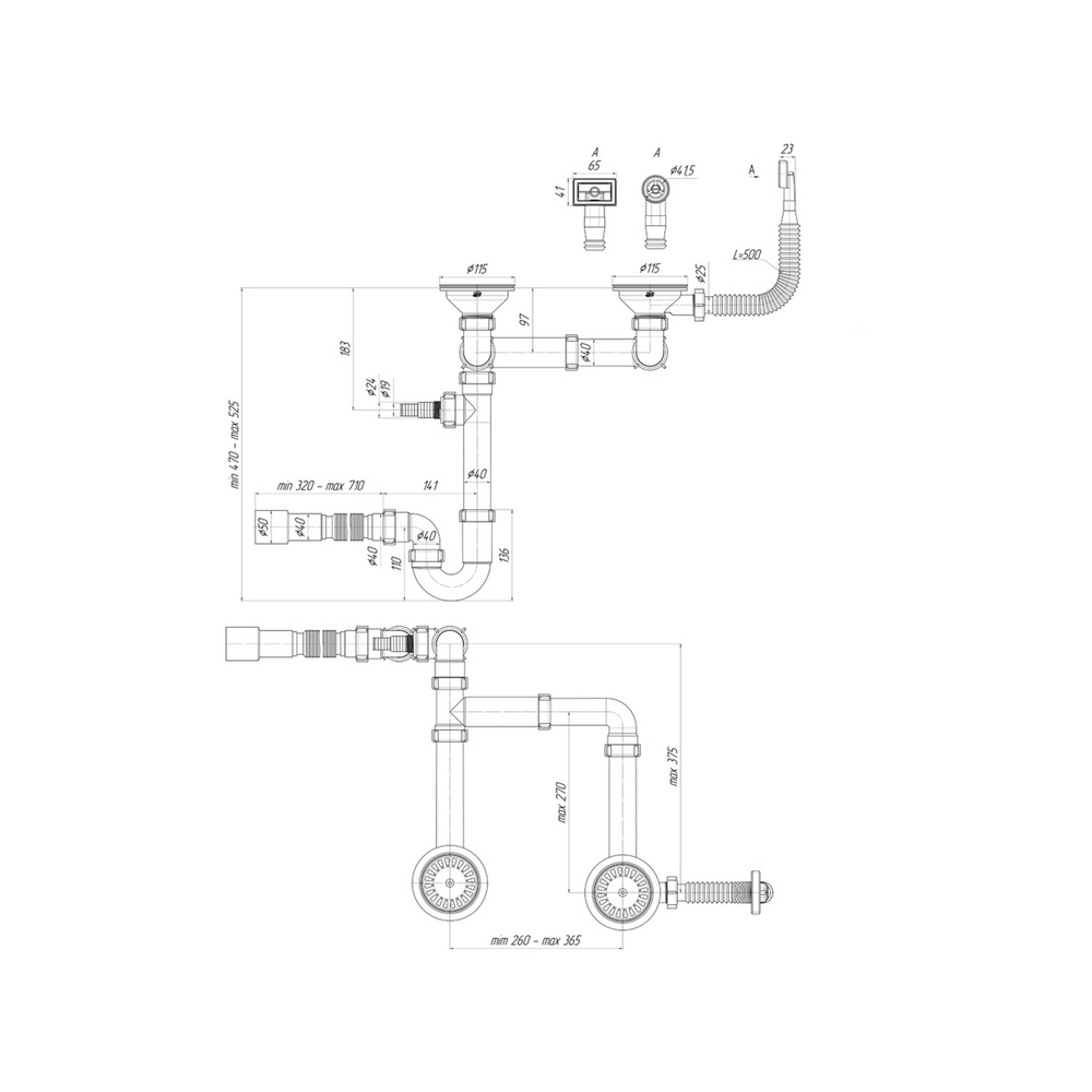 Сифон 3 1/2*40 Ani прямоточ.универсал. с круг и прямоуг перел.с гофрой 40*40*50 LD0515SA15 АНИ пласт