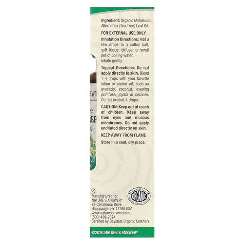 Nature's Answer, 100% чистое органическое эфирное масло, чайное дерево, 15 мл (0,5 жидк. унц.)