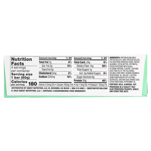 Quest Nutrition, протеиновый батончик, мята и шоколадная крошка, 4 шт. по 60 г (2,12 унции)