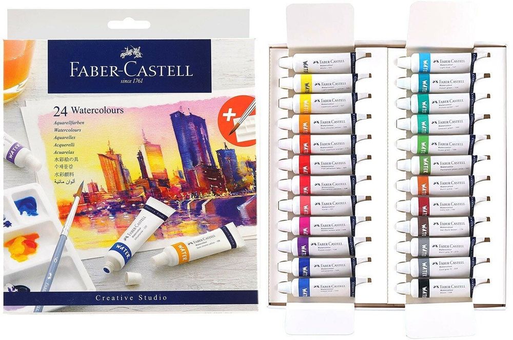 Акварель художественная Faber-Castell "Watercolours", 24цв., 9мл, туба, картон. упаковка