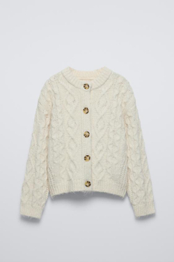 ZARA КАРДИГАН С УЗОРОМ «КОСЫ», ЖЕЛТОВАТО-БЕЛЫЙ