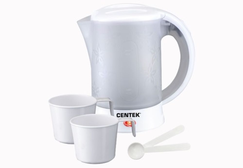Чайник электрический дорожный 0,6 л пластиковый CENTEK CT-0054, 2 чашки, 2 ложки, мощность 600 Вт