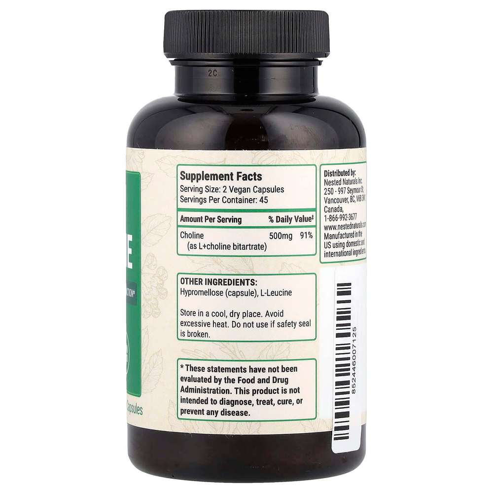 Nested Naturals, Холин, 90 веганских капсул (250 мг на капсулу)