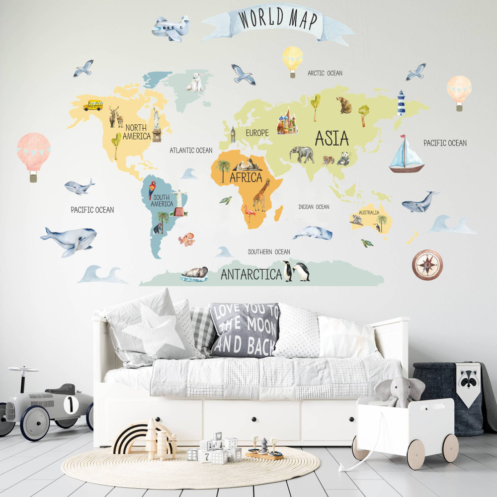 Стикеры КАРТА МИРА АКВАРЕЛЬ английская версия