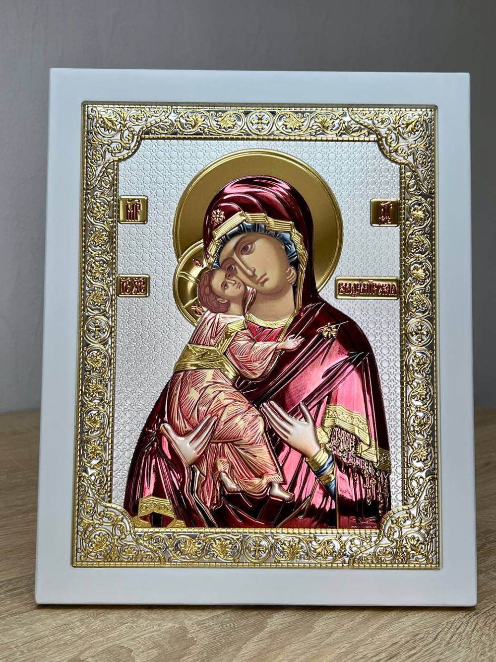 Владимирская БМ, икона прямоугольная с рамкой, белое дерево, эмаль 210х260