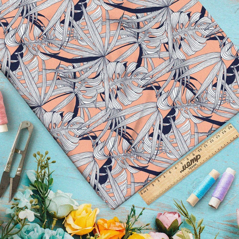 Ткань футер 2-х нитка листья монстеры белые