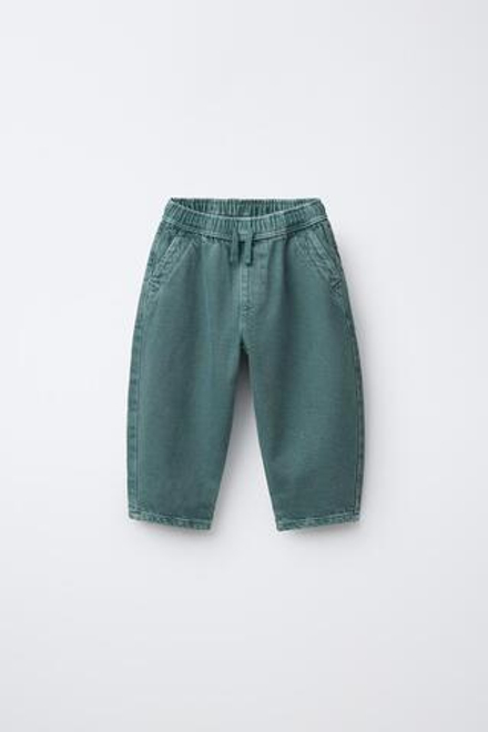 ZARA БРЮКИ BAGGY ИЗ САРЖИ, ЗЕЛЕНЫЙ