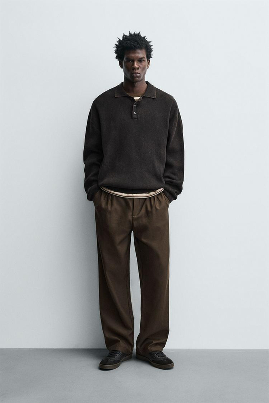 ZARA ТРИКОТАЖНОЕ ПОЛО С ЭФФЕКТОМ ПОТЕРТОСТИ, КОРИЧНЕВЫЙ