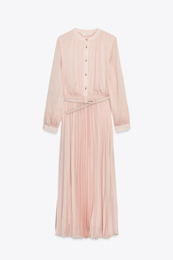 ZARA ПЛИССИРОВАННОЕ ПЛАТЬЕ МИДИ С ПОЯСОМ, ПУДРОВЫЙ