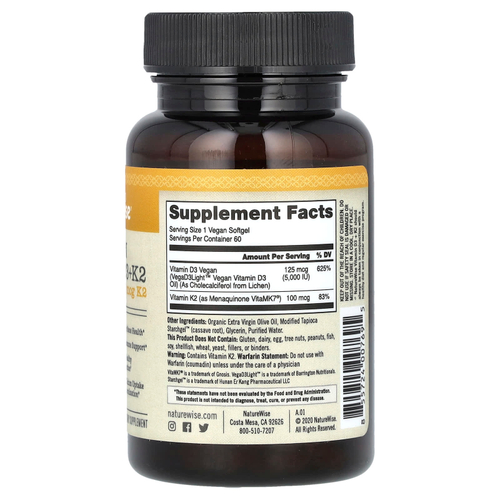 NatureWise, веганские витамины D3 и K2, 60 веганских капсул