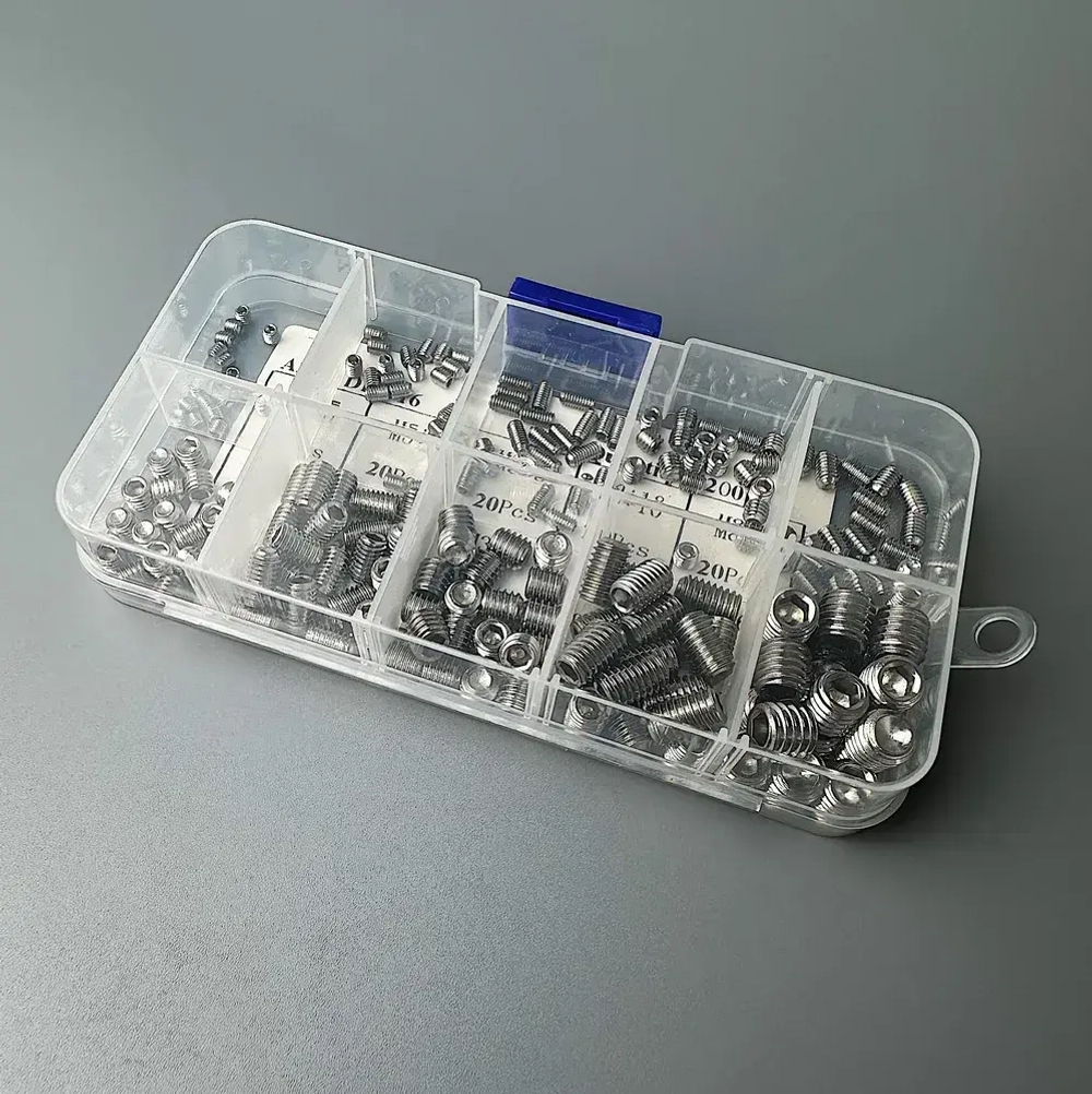 Набор гужонов M3 M4 M5 M6 M8 200 предметов в пластиковом кейсе. Винты без шляпки, винт без головки.
