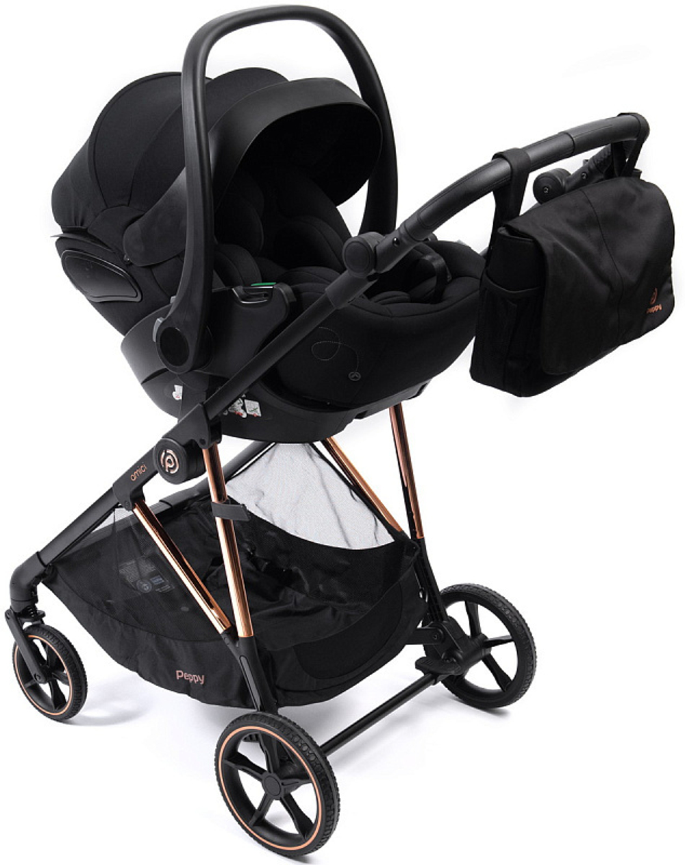 Прогулочная коляска Peppy Amici с автокреслом Verona Black Black рама Gold