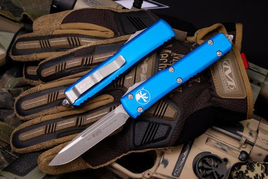Microtech Ultratech S/E - нож автомат., синяя алюм. рук-ть, клинок апокалиптик