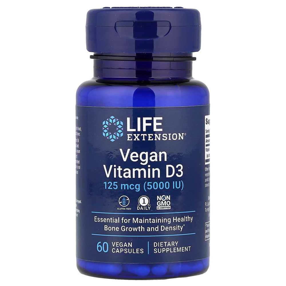 Life Extension, Веганский витамин D3, 125 мкг (5000 МЕ), 60 веганских капсул