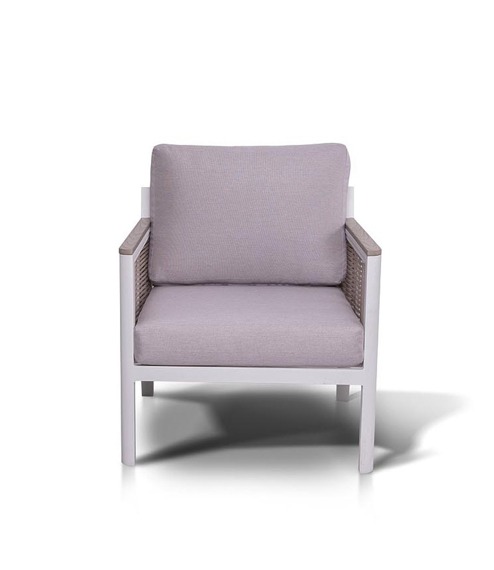 "Сан Ремо" кресло плетеное из роупа садовое, каркас алюминий белый, роуп бежевый, ткань бежевая