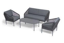 "Канны" лаунж-зона 4-местная (разборная) из роупа со столиком "Диего" цвета "серый гранит", роуп темно-серый круглый, ткань темно-серая