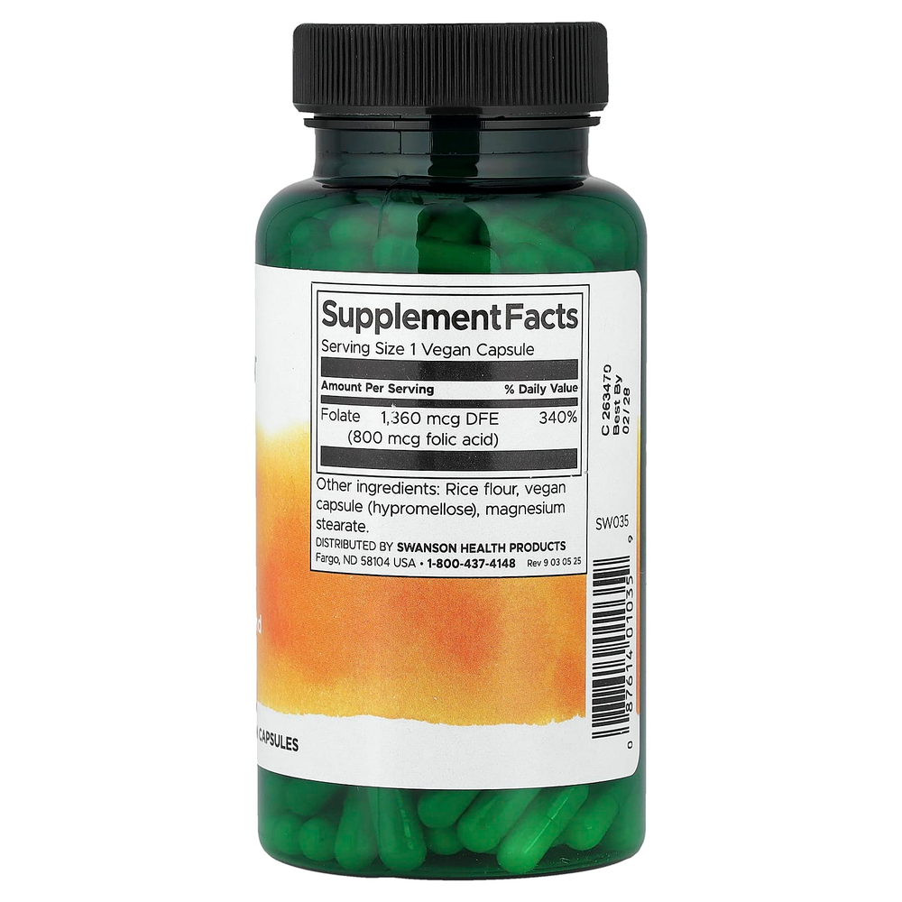 Swanson, фолиевая кислота, 800 мкг, 250 веганских капсул